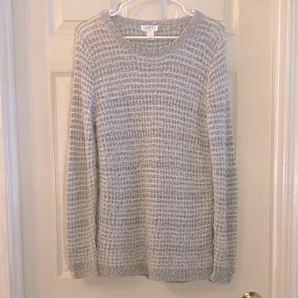 LOFT Heathered Gray Knit Fluffy Fuzzy Sweater
